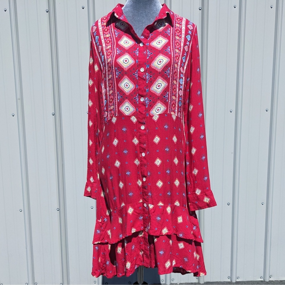 Roper Western Shirt Dress M Pink Southwestern Rodeo Ruffle Hem Button Up Front